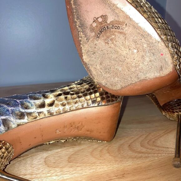 Francesco Sacco, Authentic & Exotic Python Snakeskin Gold Metal Spike Stilettos - Picture 11 of 14